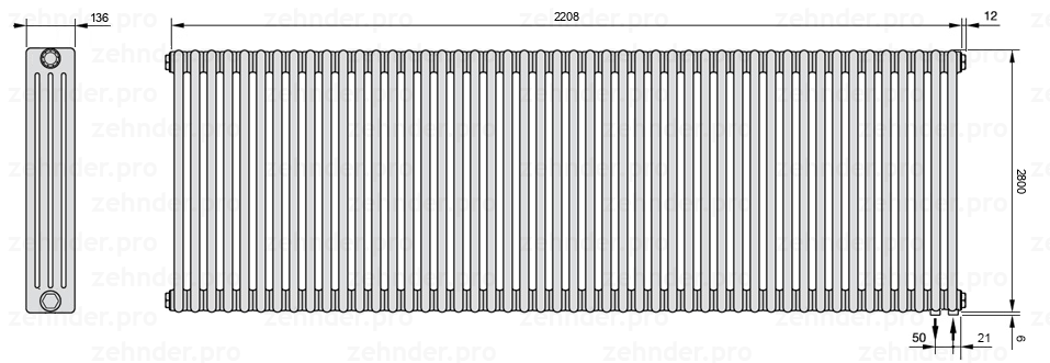 Схема (чертеж) Радиатор Zehnder Charleston 4280/48 №5510 Белый глянцевый RAL 9016